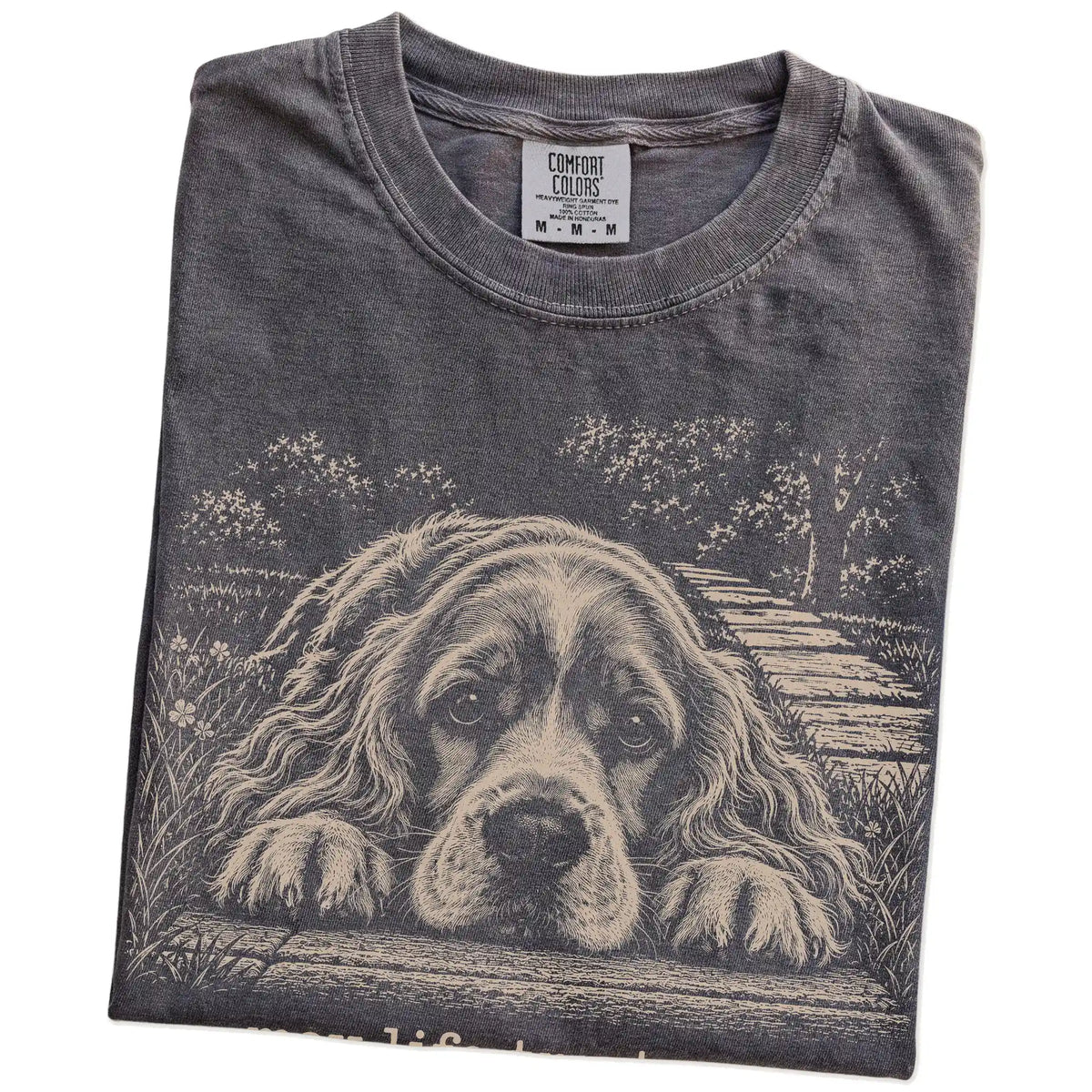 Cocker Spaniel Karma Comfort Colors T-shirt in Pepper — Folded Detail