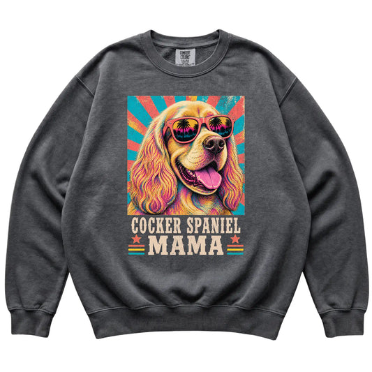 Retro Cocker Spaniel Mama design on a Pepper Comfort Colors sweatshirt
