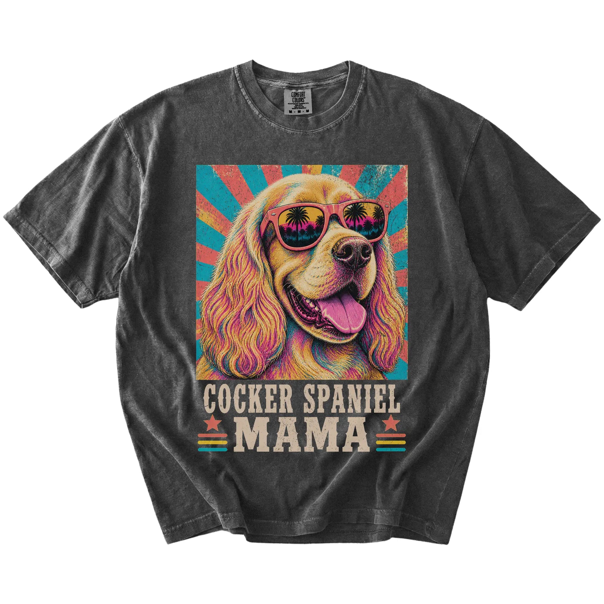 Retro Cocker Spaniel Mama design on a Pepper Comfort Colors T-shirt