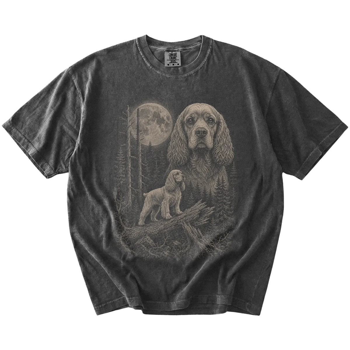 Pepper Cocker Spaniel Moonlit Forest T-Shirt laid flat