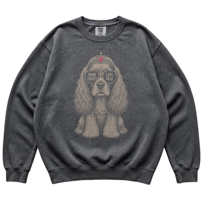 Pepper Comfort Colors sweatshirt featuring Cocker Spaniel More Treats Less Talk, laid-flat presentation