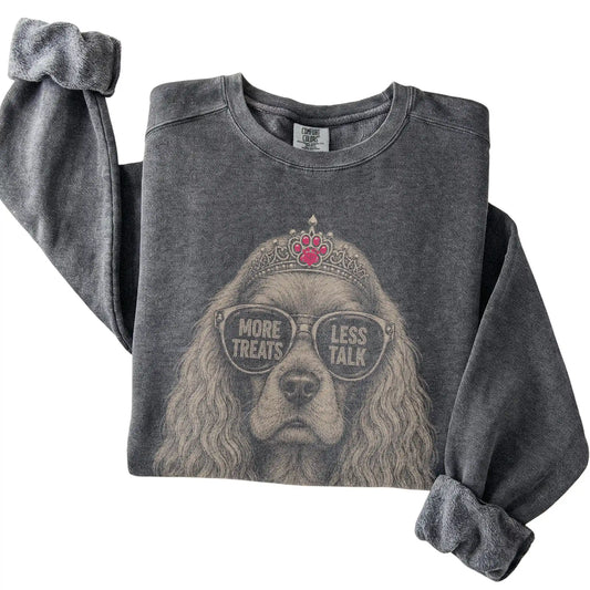 Pepper Comfort Colors sweatshirt featuring Cocker Spaniel More Treats Less Talk, folded presentation