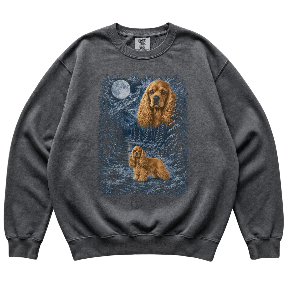 pepper sweatshirt with Cocker Spaniel Winter Moon artwork.