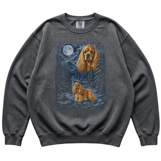 pepper sweatshirt with Cocker Spaniel Winter Moon artwork.