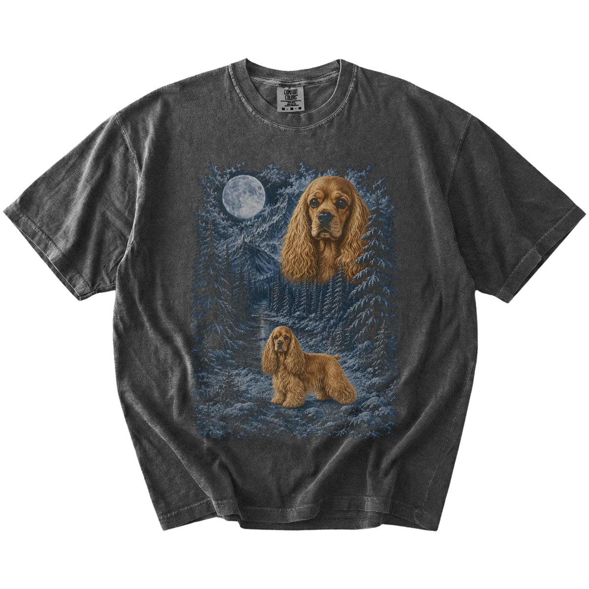 pepper T-shirt with Cocker Spaniel Winter Moon artwork.