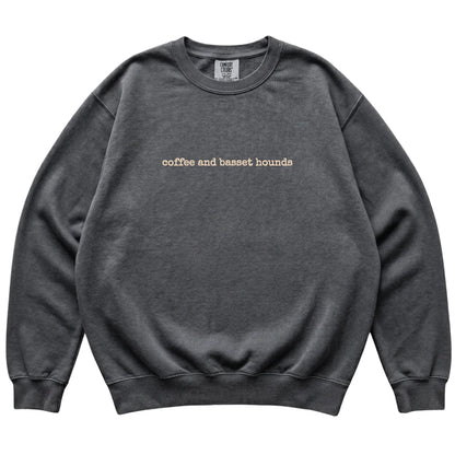 Pepper Coffee and Basset Hounds Comfort Colors sweatshirt laid flat