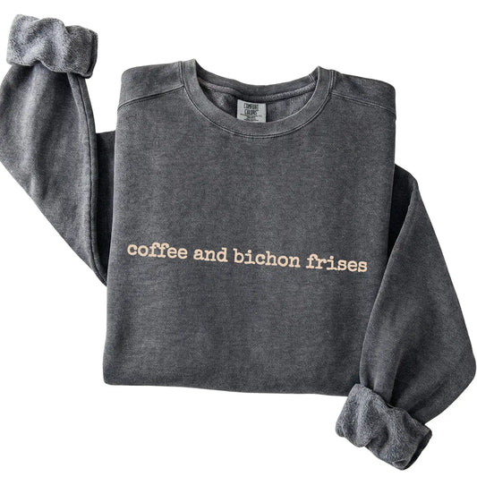 Pepper Coffee and Bichon Frises Comfort Colors sweatshirt folded to show the printed design