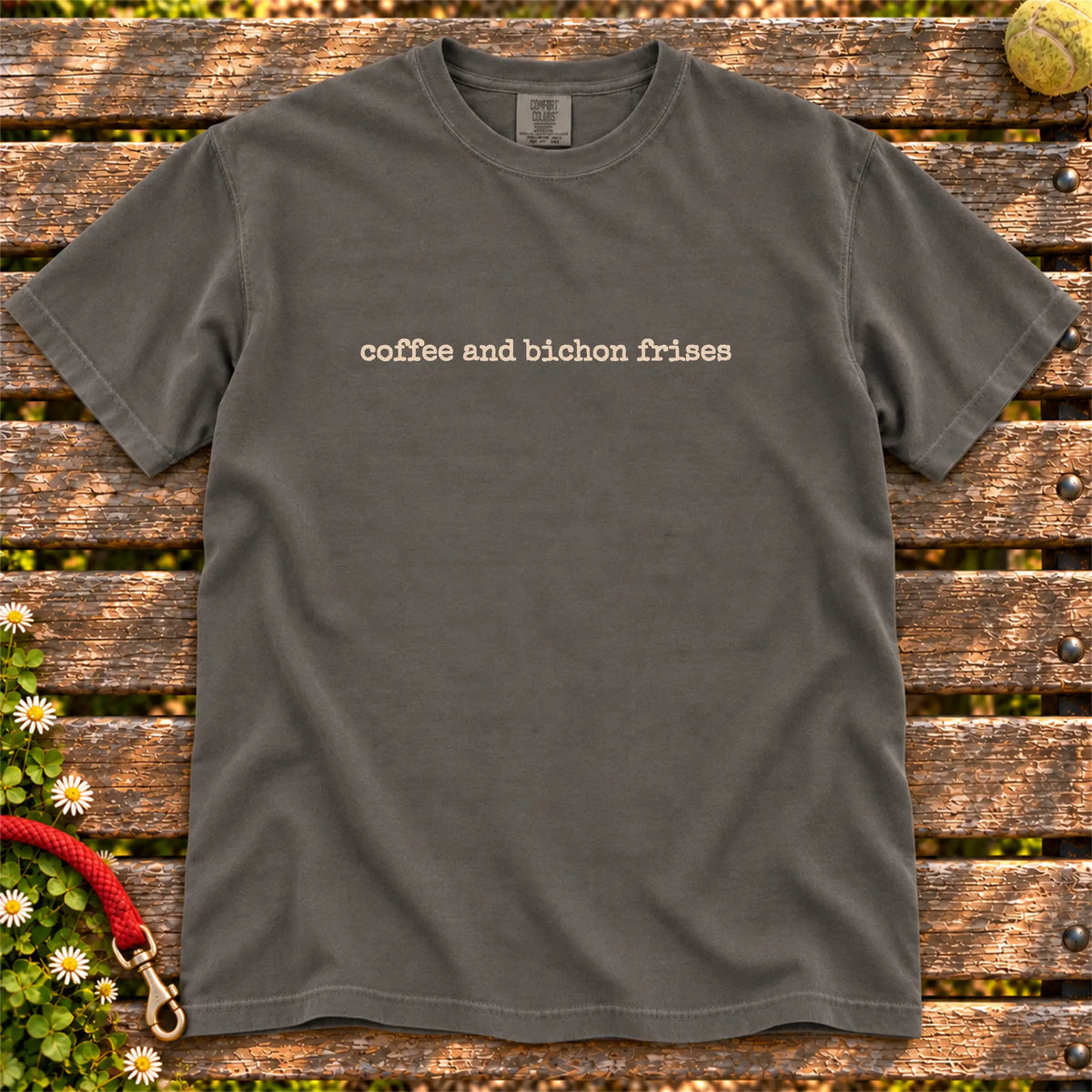 Bichon Frise Coffee and Bichon Frises on a Pepper T-shirt, shown flat