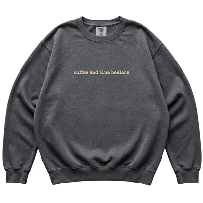 Pepper Coffee and Blue Heelers Comfort Colors sweatshirt laid flat