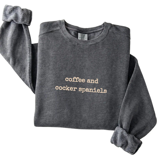 Pepper Coffee and Cocker Spaniels Comfort Colors sweatshirt folded to show the printed design