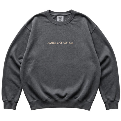 Pepper Coffee and Collies Comfort Colors sweatshirt laid flat