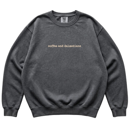 Pepper Coffee and Dalmatians Comfort Colors sweatshirt laid flat