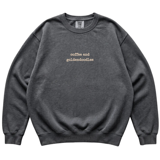 Pepper Coffee and Goldendoodles Comfort Colors sweatshirt laid flat