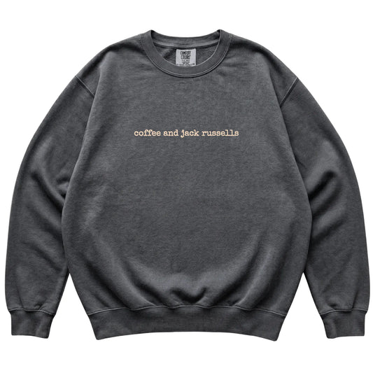 Pepper Coffee and Jack Russells Comfort Colors sweatshirt laid flat