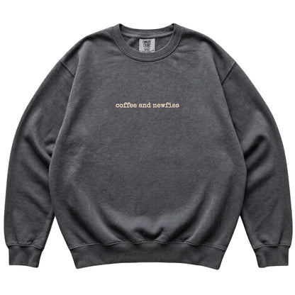 Pepper Coffee and Newfies Comfort Colors sweatshirt laid flat