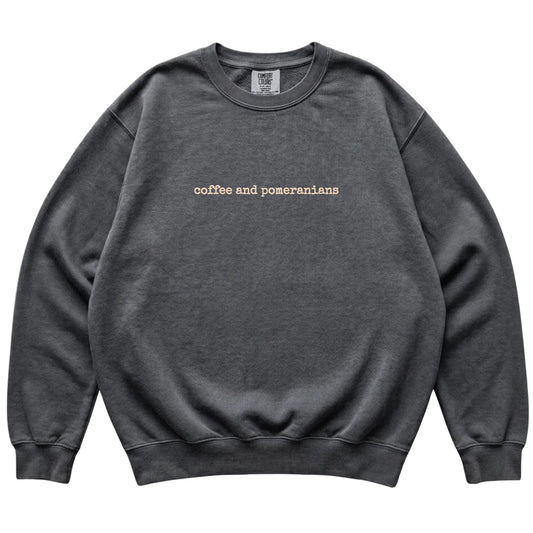 Pepper Coffee and Pomeranians Comfort Colors sweatshirt laid flat