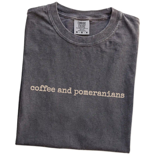 Folded Pepper Comfort Colors® T-shirt showing “coffee and pomeranians” retro text