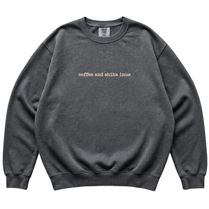 Pepper Coffee and Shiba Inus Comfort Colors sweatshirt laid flat