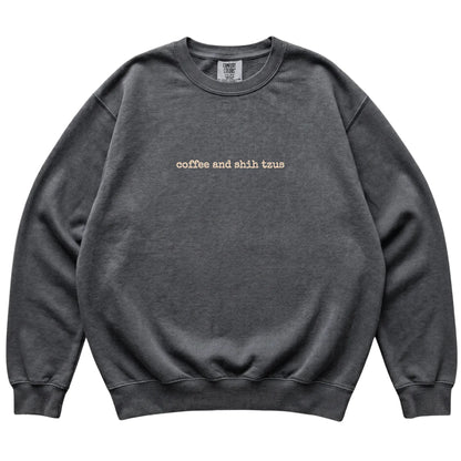 Pepper Coffee and Shih Tzus Comfort Colors sweatshirt laid flat