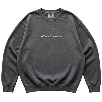 Pepper Coffee and Westies Comfort Colors sweatshirt laid flat