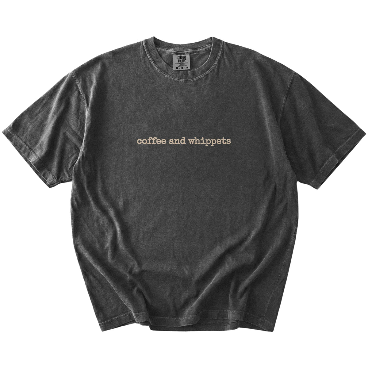 “coffee and whippets” retro text on a Pepper Comfort Colors® T-shirt