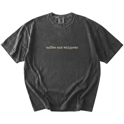 “coffee and whippets” retro text on a Pepper Comfort Colors® T-shirt