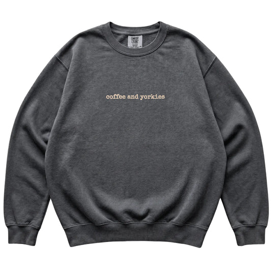 Pepper Coffee and Yorkies Comfort Colors sweatshirt laid flat
