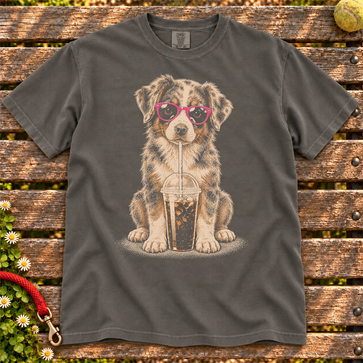 Pepper Comfort Colors® T-shirt featuring the Australian Shepherd Cold Coffee design.