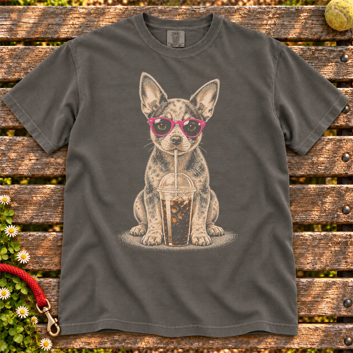 Pepper Comfort Colors® T-shirt featuring the Blue Heeler Cold Coffee design.