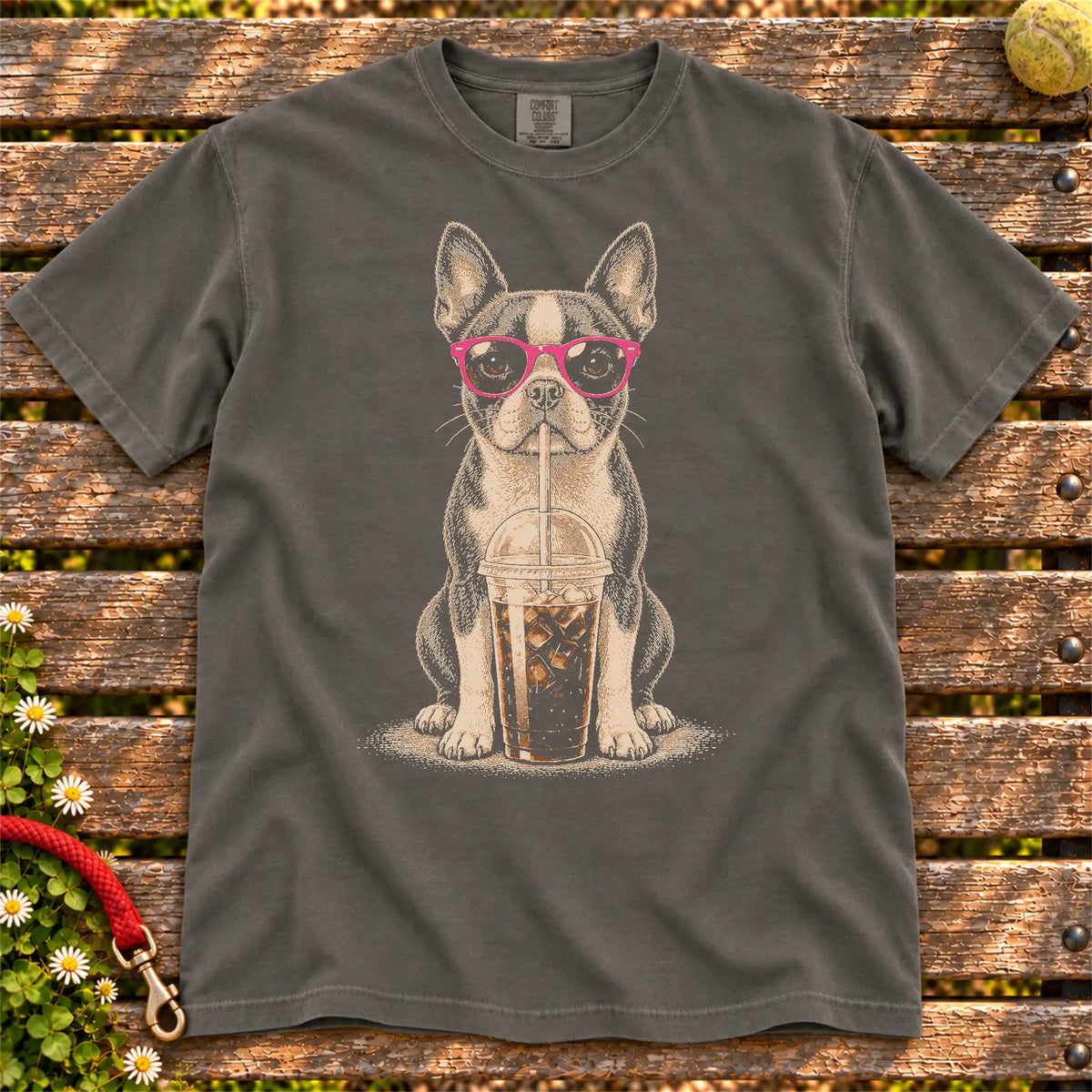 Pepper Comfort Colors® T-shirt featuring the Boston Terrier Cold Coffee design.