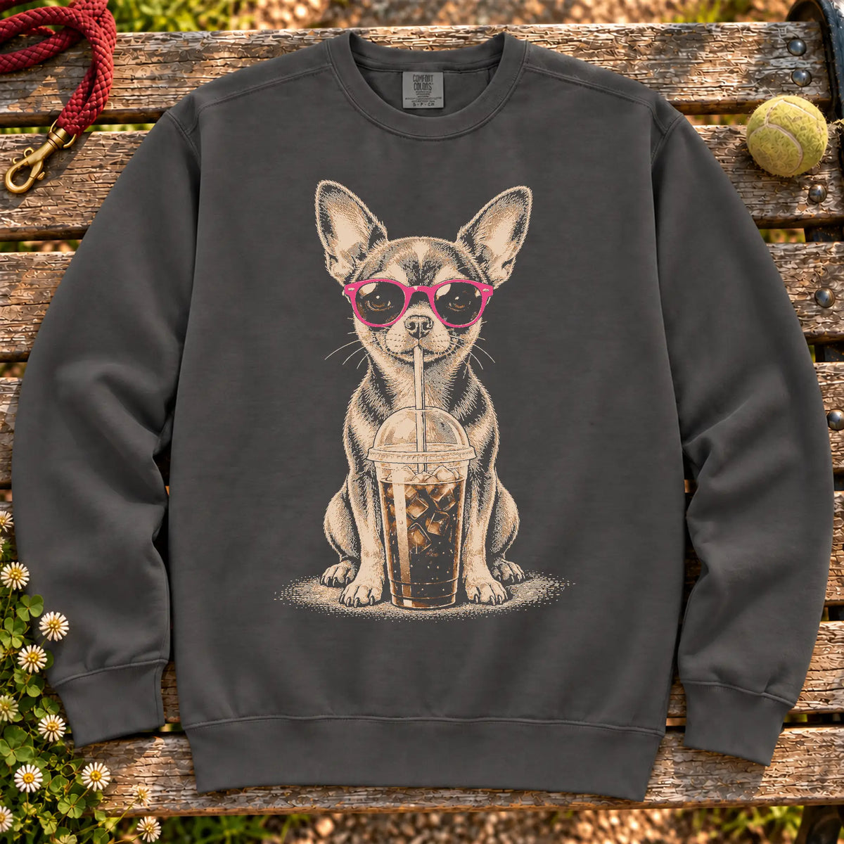 Chihuahua drinking cold coffee in pink sunglasses on Pepper sweatshirt