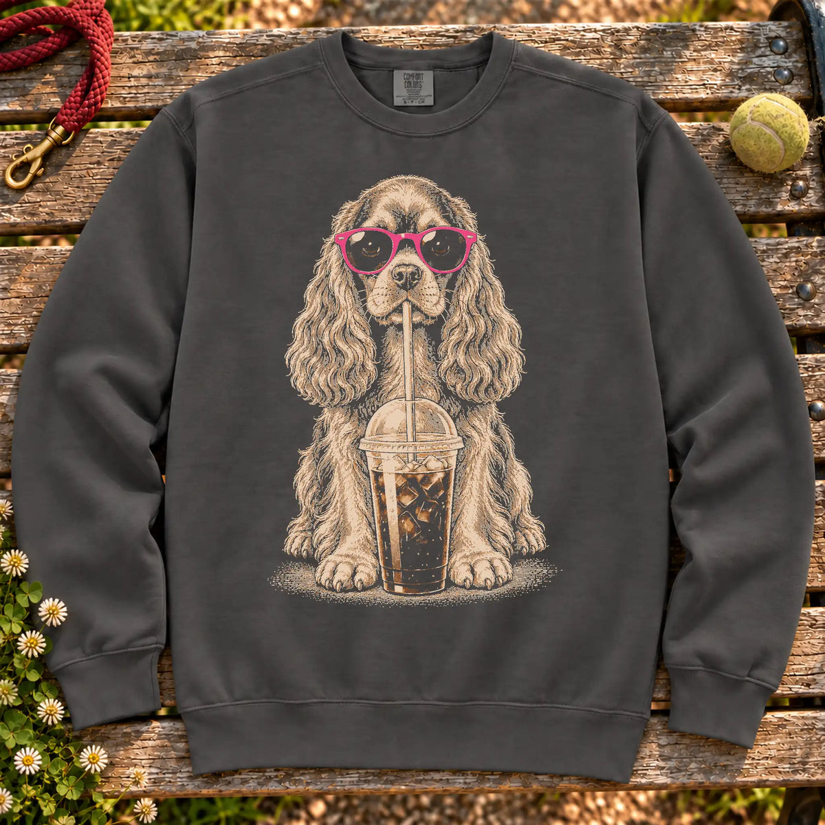 Cocker Spaniel drinking cold coffee in pink sunglasses on Pepper sweatshirt