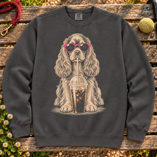 Cocker Spaniel drinking cold coffee in pink sunglasses on Pepper sweatshirt