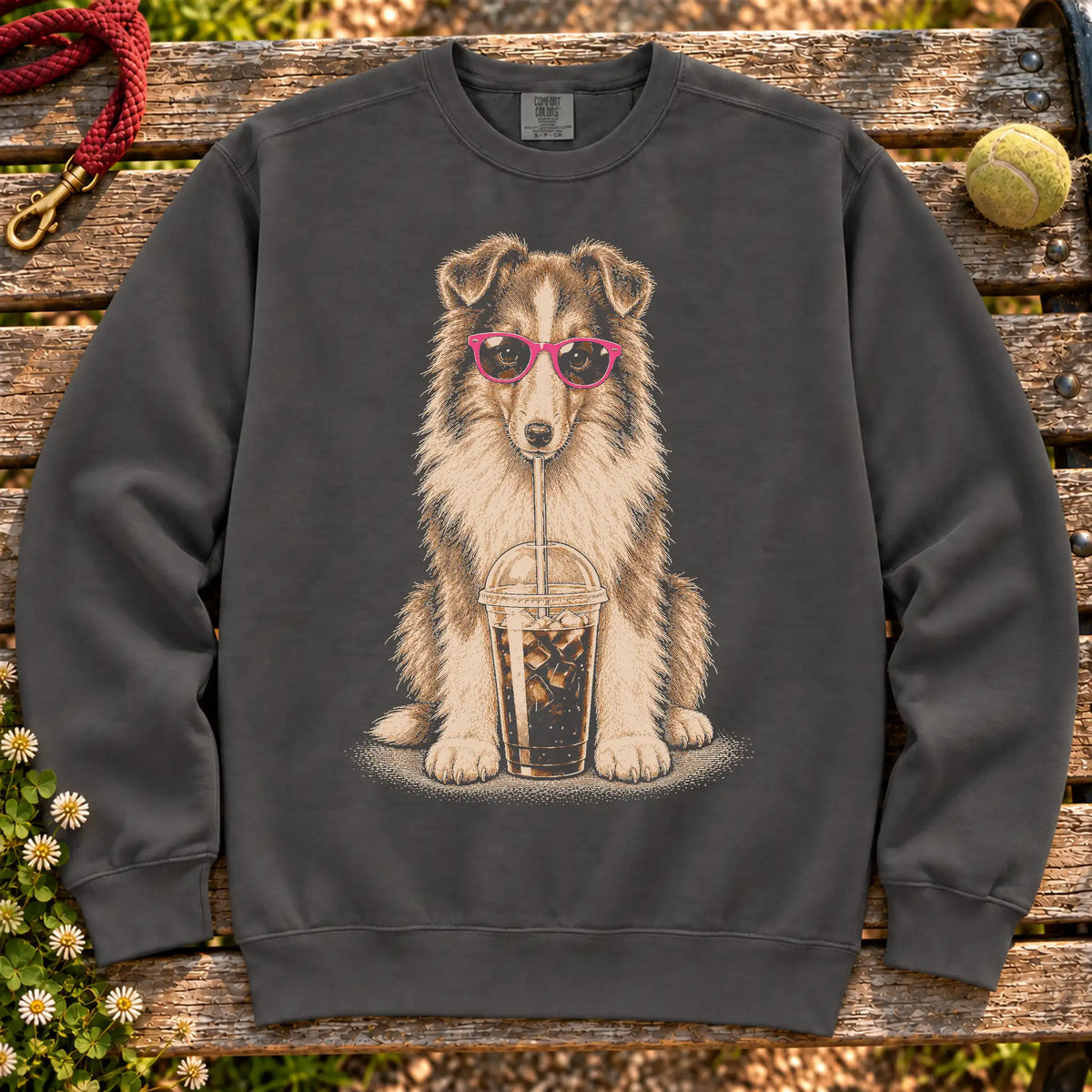 Collie drinking cold coffee in pink sunglasses on Pepper sweatshirt