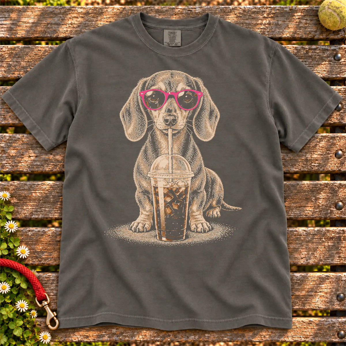 Pepper Comfort Colors® T-shirt featuring the Dachshund Cold Coffee design.