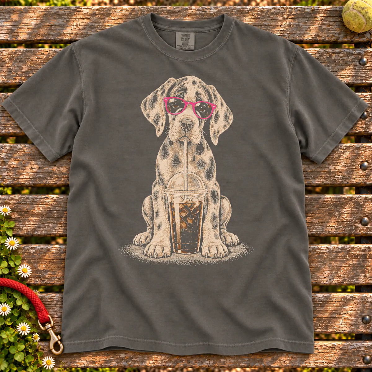Pepper Comfort Colors® T-shirt featuring the Great Dane Cold Coffee design.