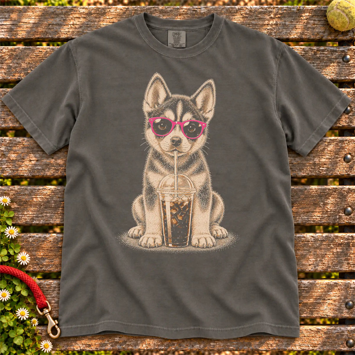 Pepper Comfort Colors® T-shirt featuring the Husky Cold Coffee design.