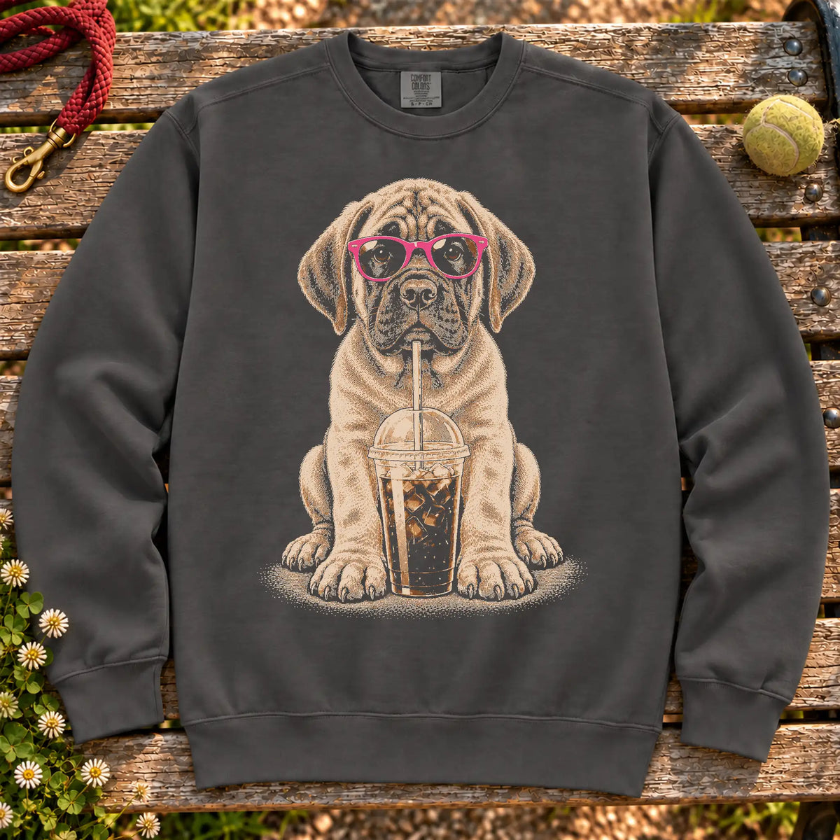 Mastiff drinking cold coffee in pink sunglasses on Pepper sweatshirt