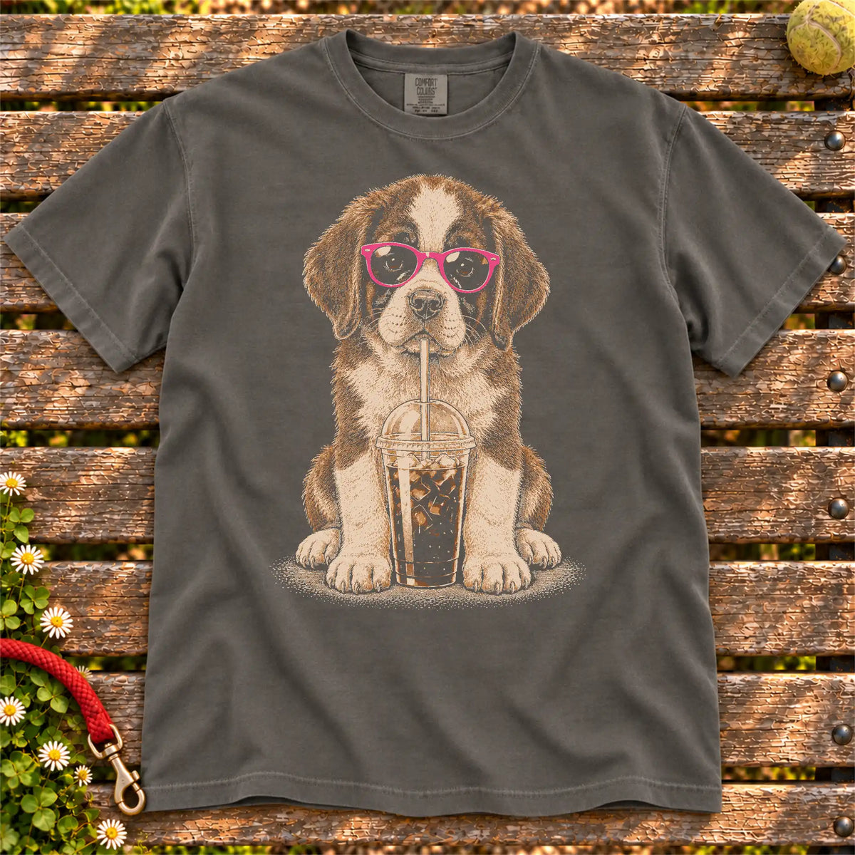 Pepper Comfort Colors® T-shirt featuring the Saint Bernard Cold Coffee design.