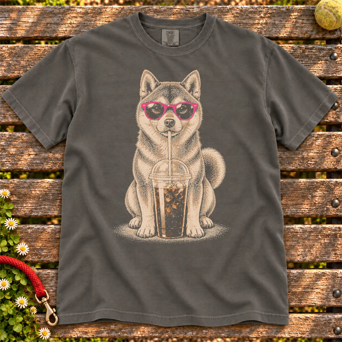 Pepper Comfort Colors® T-shirt featuring the Shiba Inu Cold Coffee design.