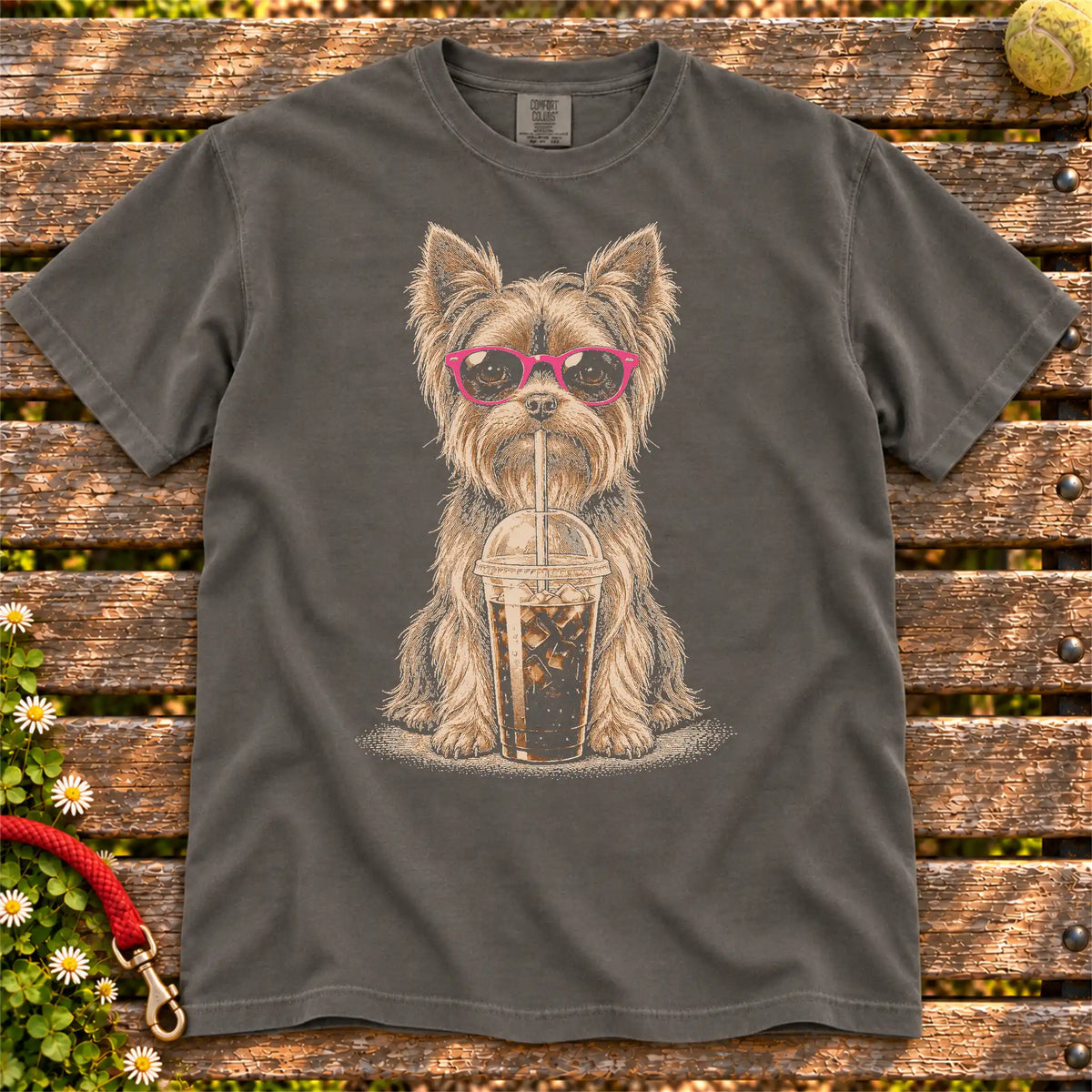 Pepper Comfort Colors® T-shirt featuring the Yorkie Cold Coffee design.