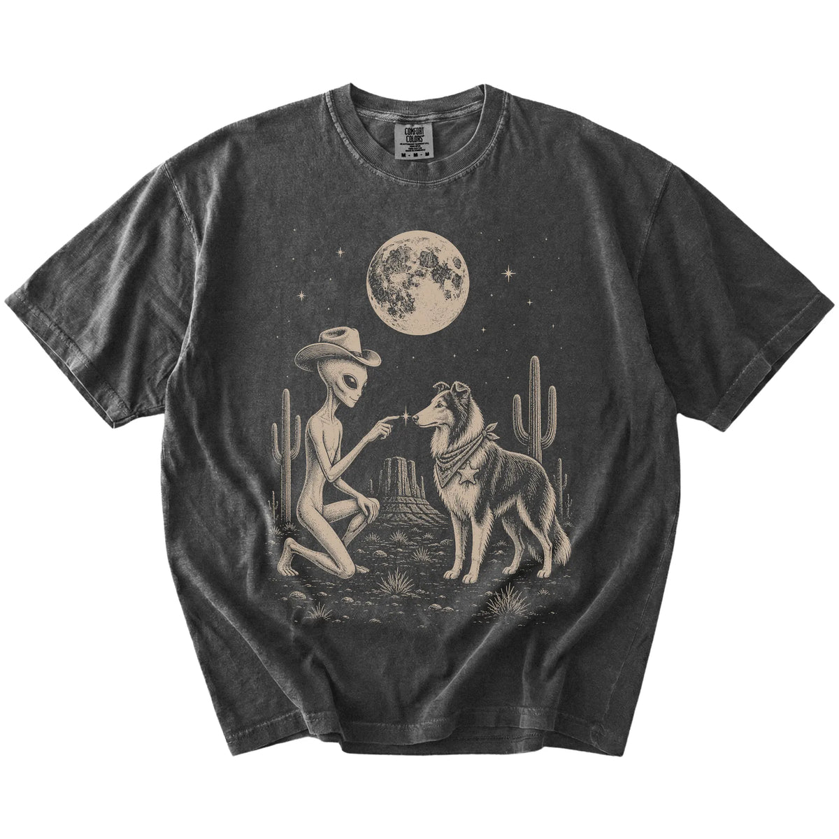 Cowboy alien fist-bumping a Collie beneath the moon on a Pepper Comfort Colors® T-shirt