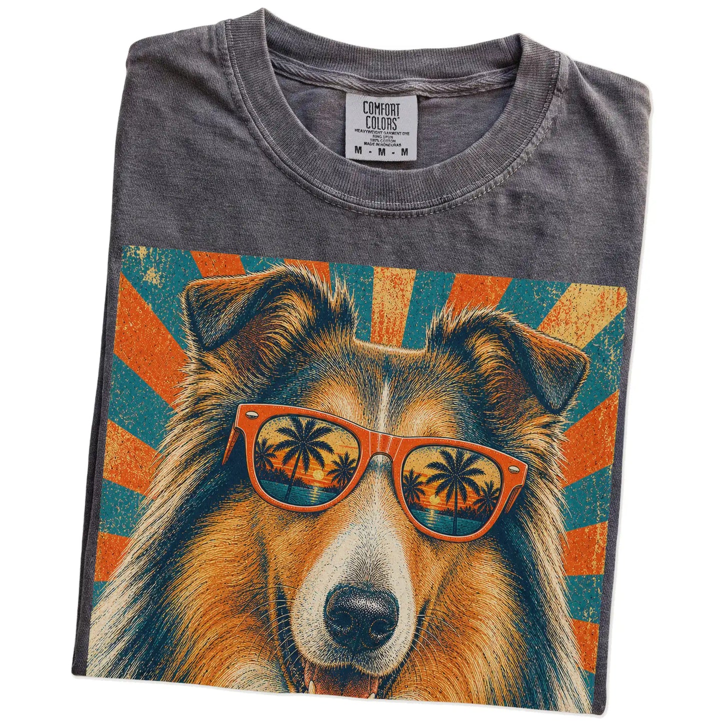 Retro Collie Dad design on a Pepper Comfort Colors T-shirt folded detail