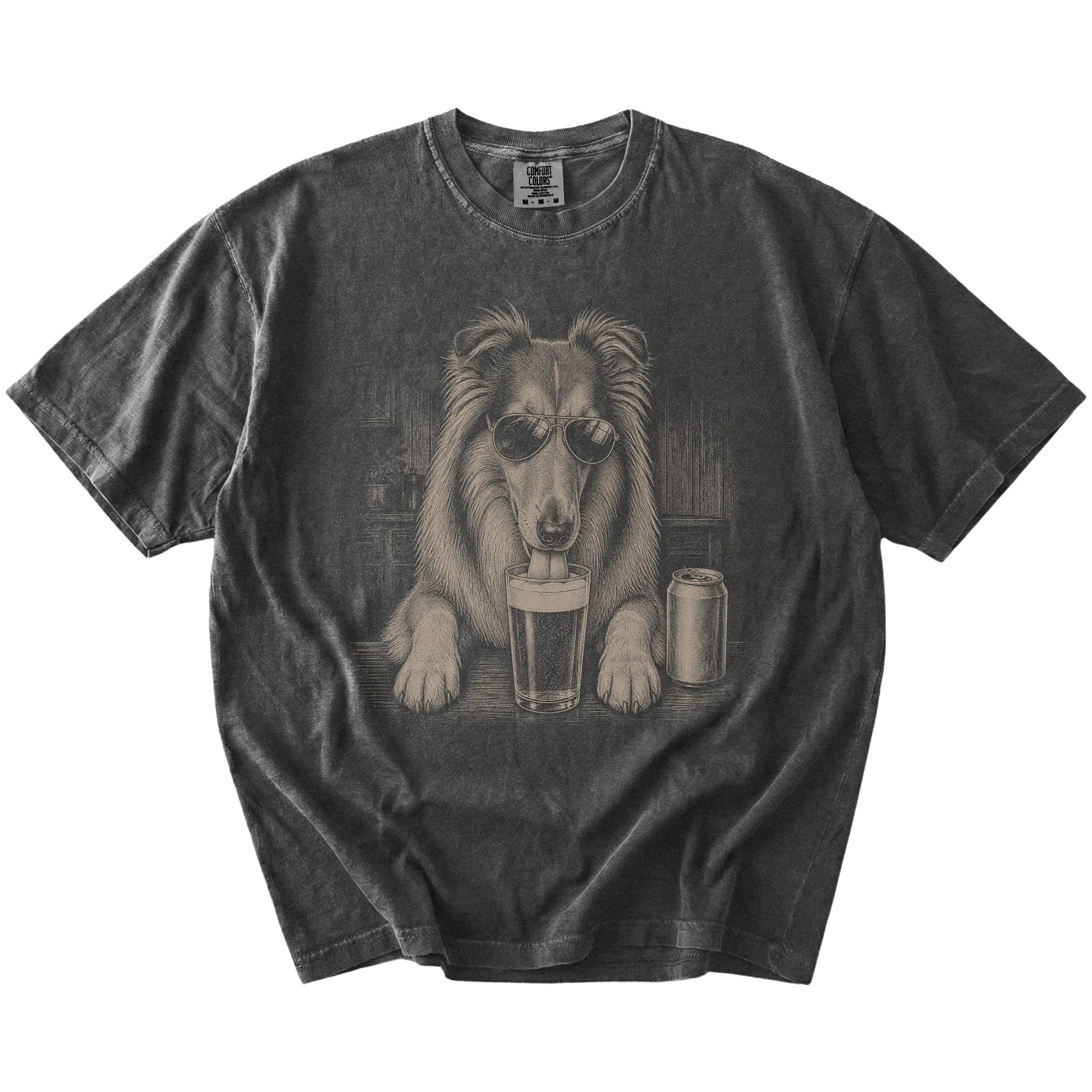 Collie sneaking a drink from a foamy pint at home on a Pepper Comfort Colors® t-shirt