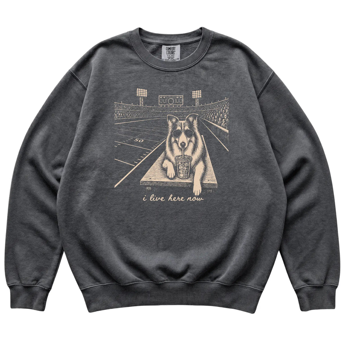 Pepper Collie Football Tailgate sweatshirt, laid flat