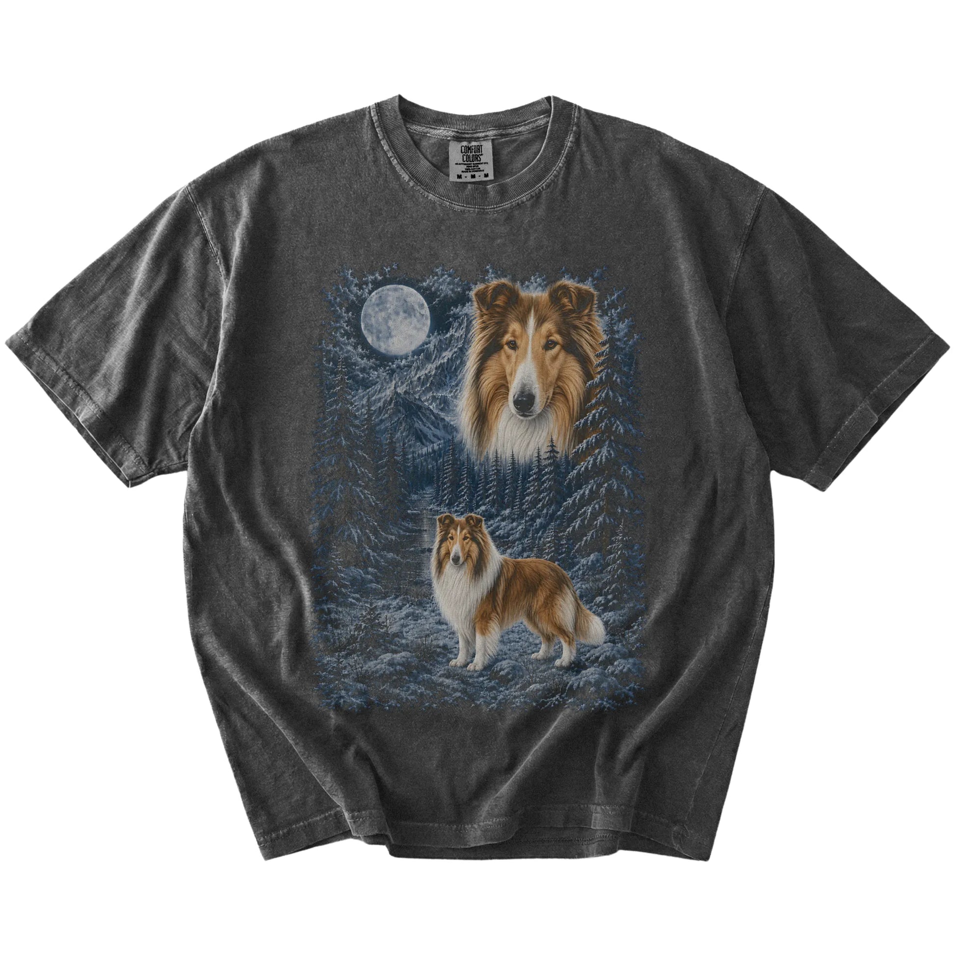 Collie in a snowy winter forest on a Pepper t-shirt