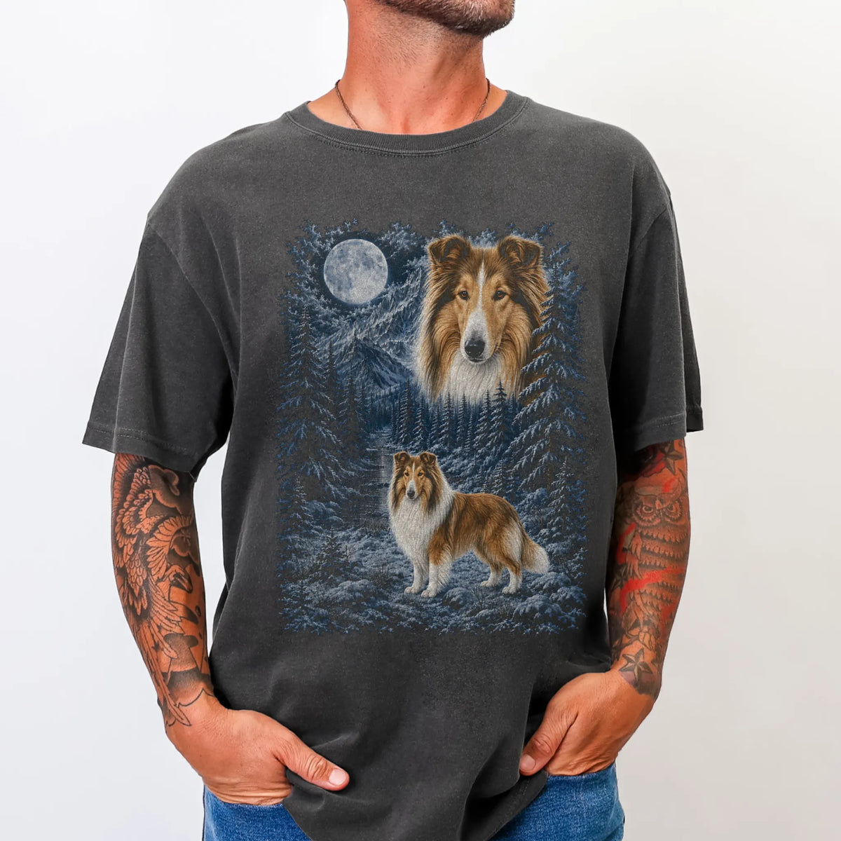 Person wearing a Pepper Collie winter forest t-shirt