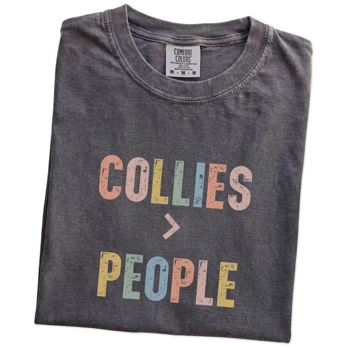 Folded Pepper Comfort Colors® T-shirt showing “Collies > People” text