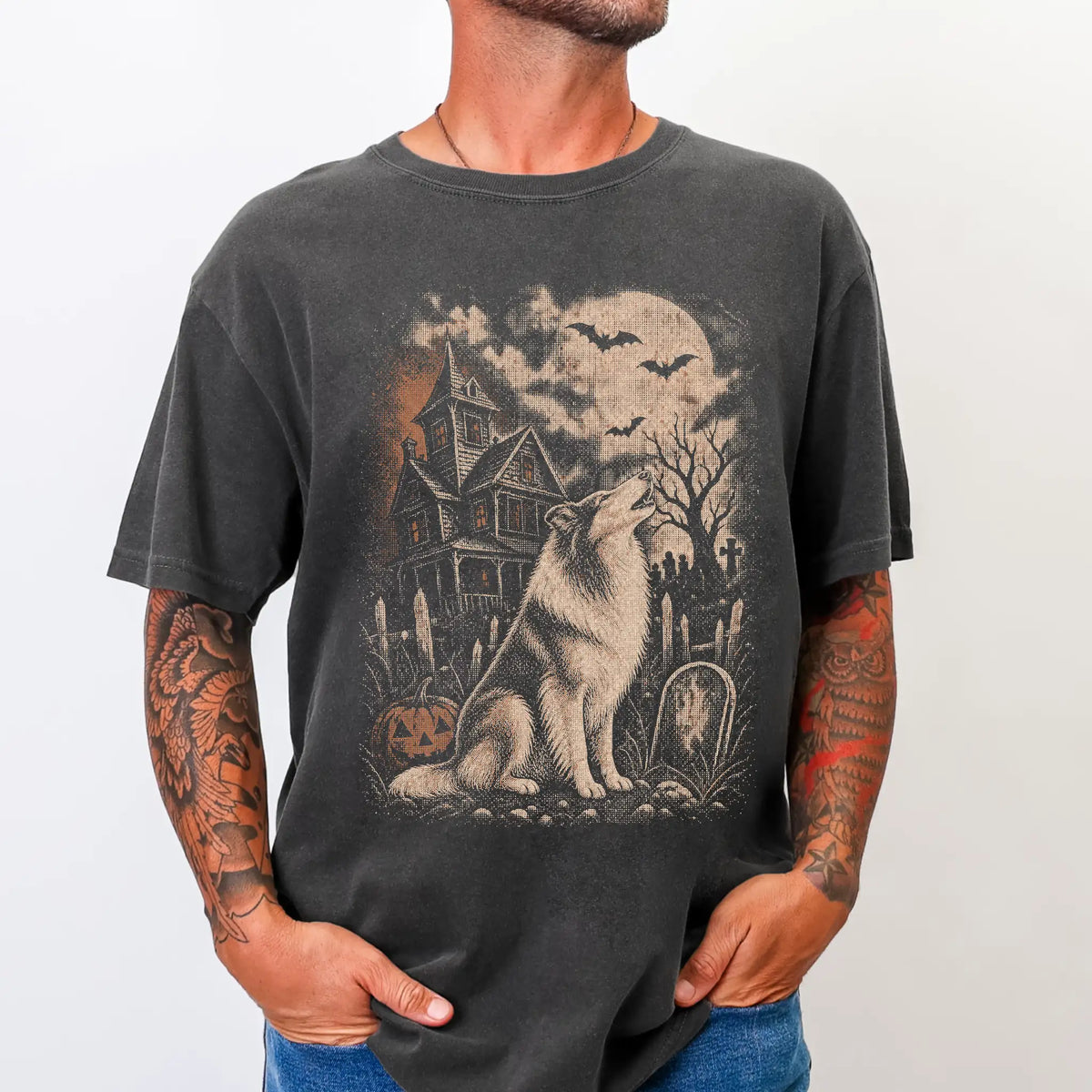 Model wearing a Pepper Comfort Colors® T-shirt showing Collie in a vintage haunted-house scene