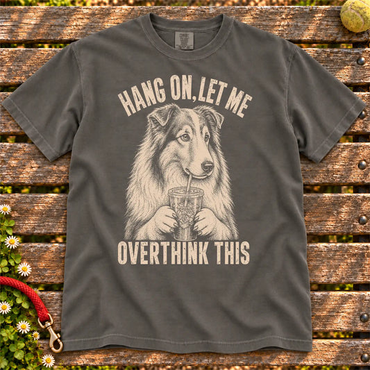 Overthinking Collie design on a Pepper Comfort Colors T-shirt, shown flat